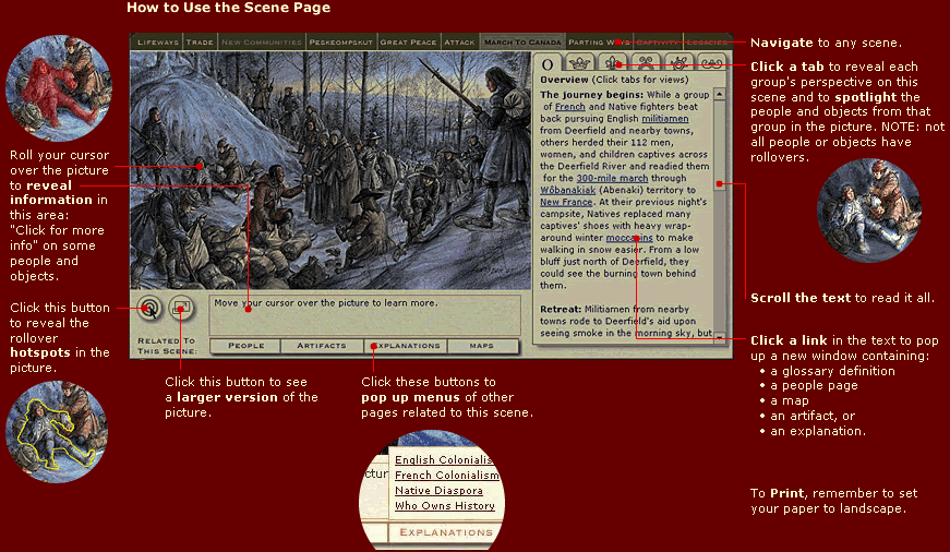 image of scene page with annotations explaining features
